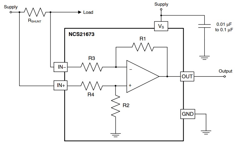 Application Circuit Diagram - onsemi NCx21673/4 Current Sense Amplifiers